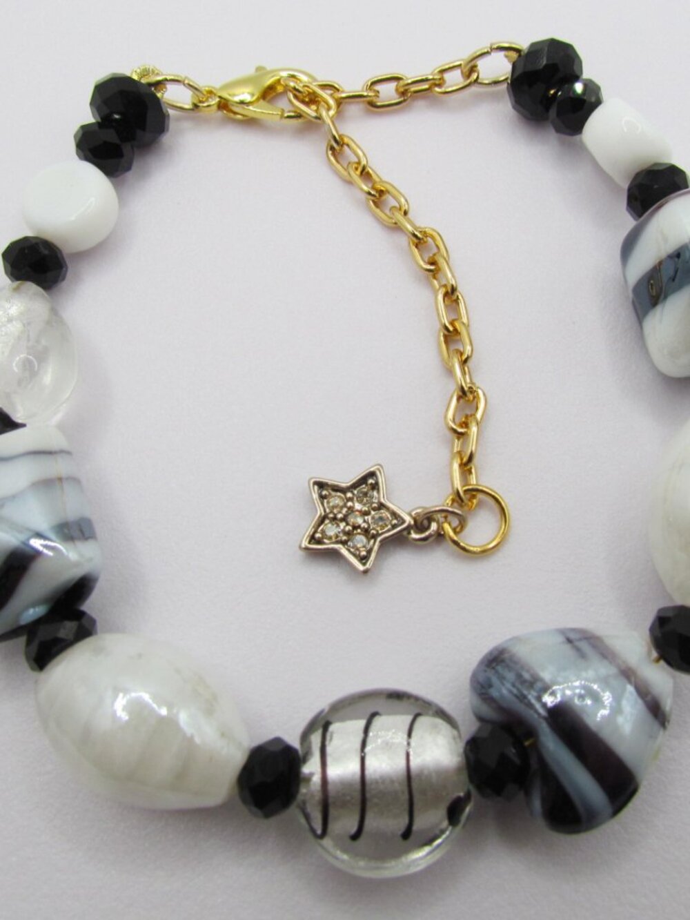 Black White Art Glass Beaded Bracelet Gold Plated Adjustable